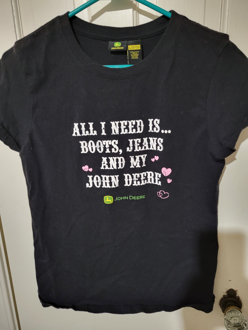 John Deere Black Tee with Pink Heart Accents